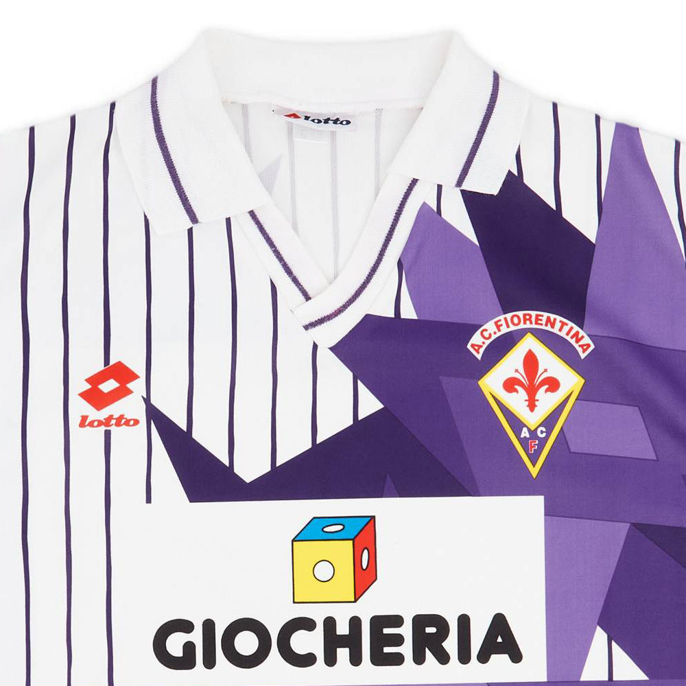 Close-up of Fiorentina 1991 jersey purple pinstripes