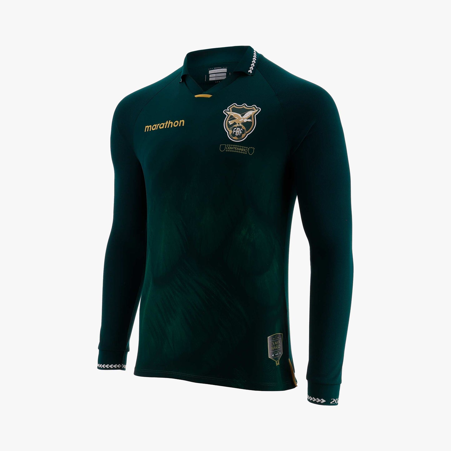 Front view of Bolivia 2025 Marathon Centenary Home Jersey, green with gold accents and commemorative details
