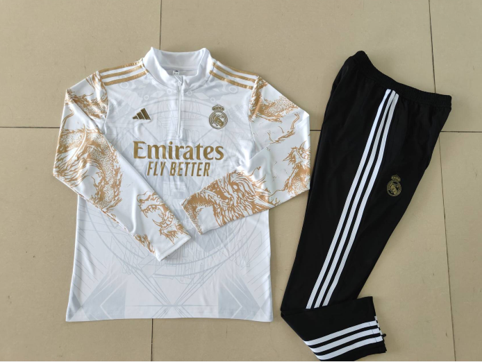Full Real Madrid white and gold training set for 2025 season