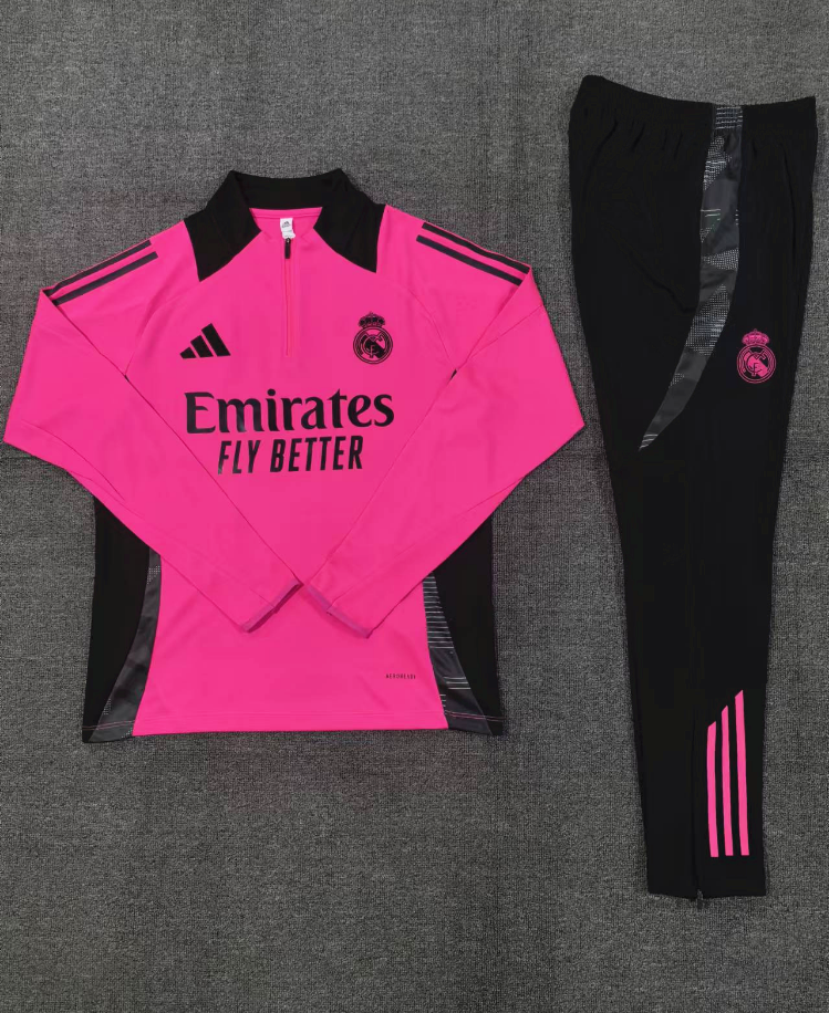 Full view of the Real Madrid 2025 pink tracksuit showing design and fit