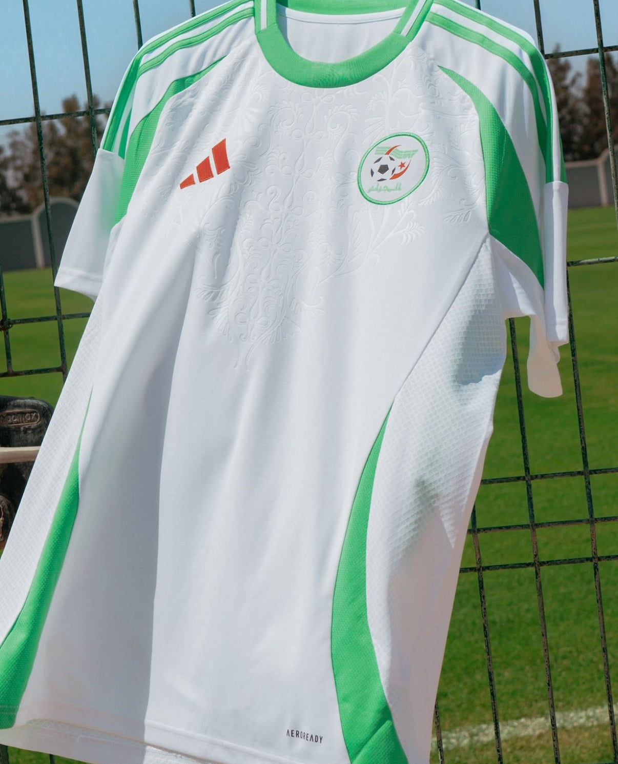 Detailed shot of the Adidas logo on the Algeria 2024/2025 football kit