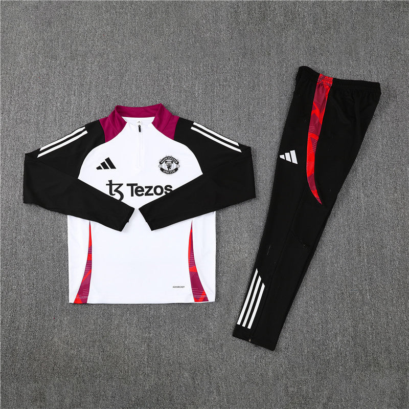 Full View of Manchester United White Tracksuit 24/25 with Zipper – A close-up of the white tracksuit with the full zipper, highlighting the clean lines and details.