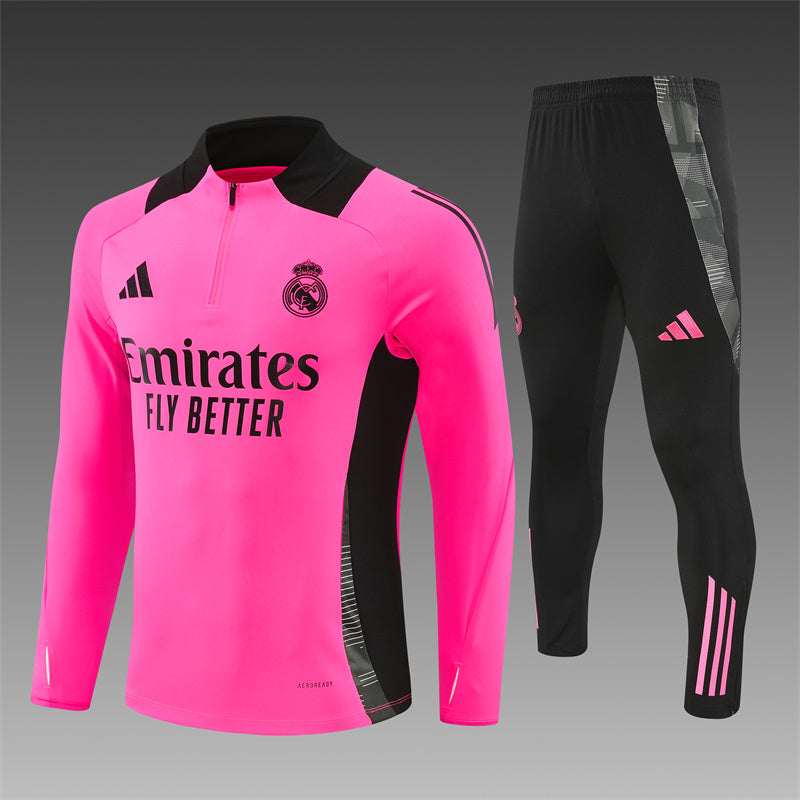 Real Madrid 2025 Pink Tracksuit front view with logo