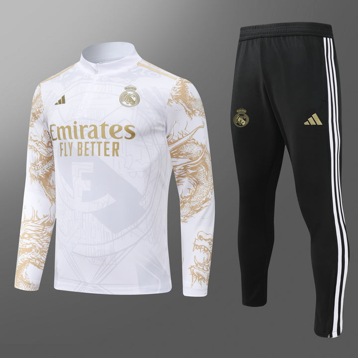 Real Madrid 2025 white and gold tracksuit full front view