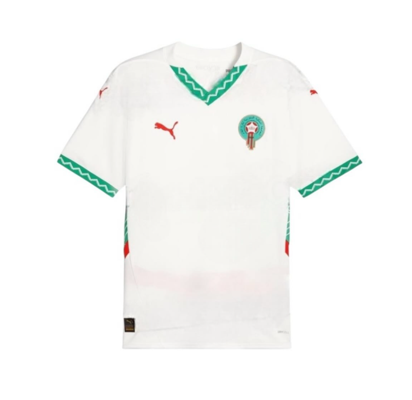 Morocco 2024/2025 Away Jersey – Sleek white football shirt with green and red accents, featuring the national team crest and Puma logo