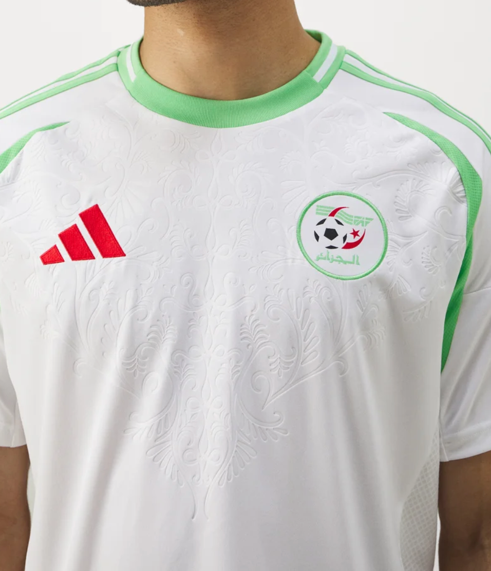 Close-up of the Algeria National Team crest on the 2024/2025 home jersey