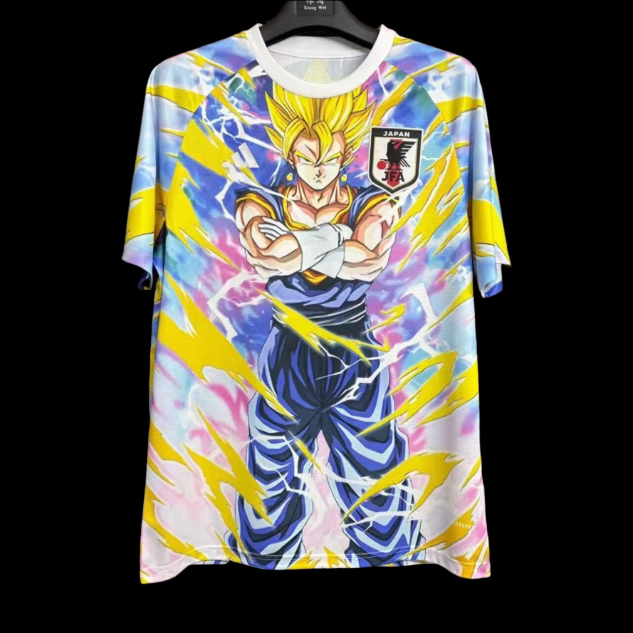Front view of the Japan Super Saiyan Football Jersey, featuring electrifying golden aura details