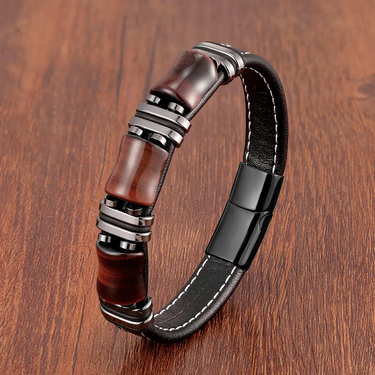 Leather Bracelet with Tiger Eye Natural Stone
