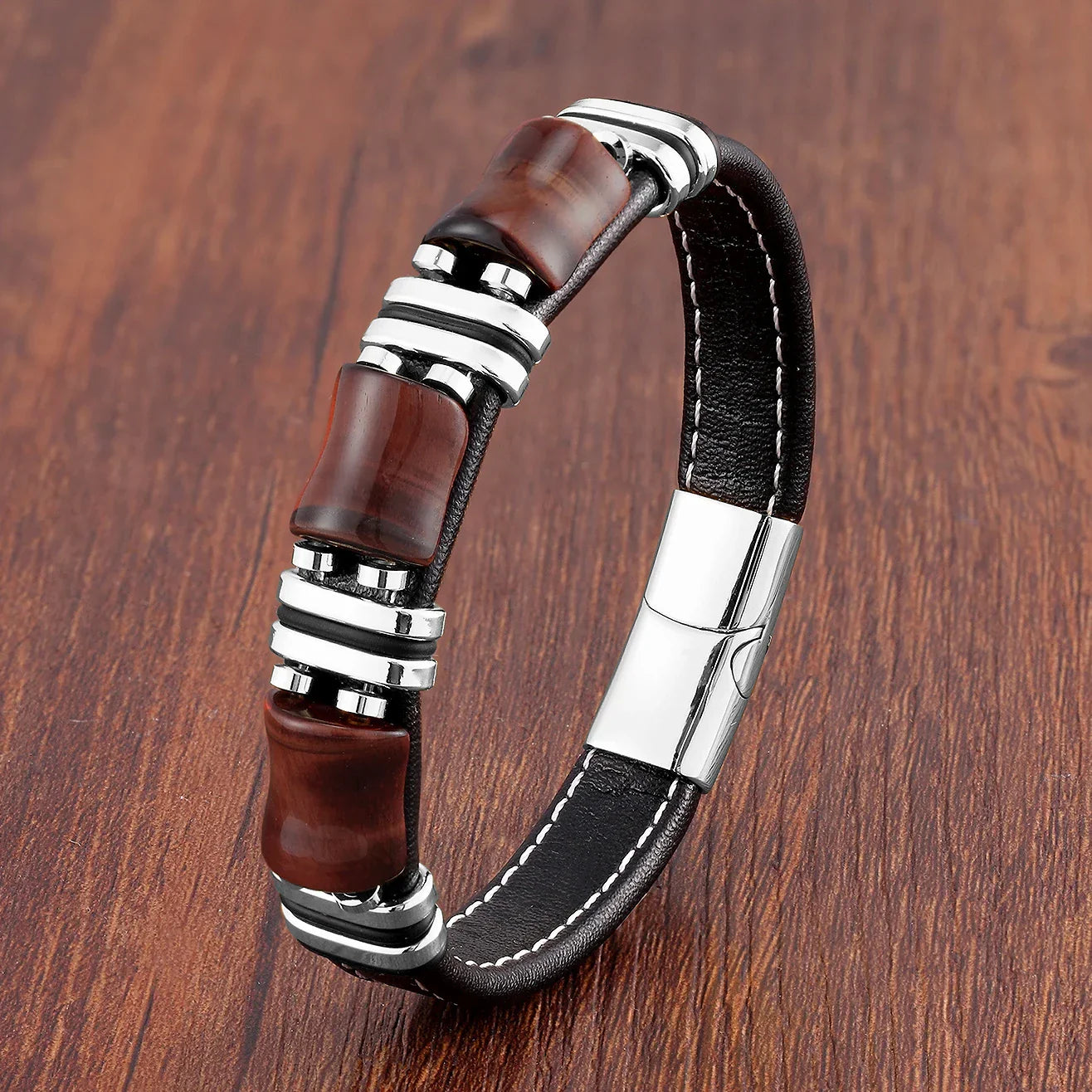 Leather Bracelet with Tiger Eye Natural Stone