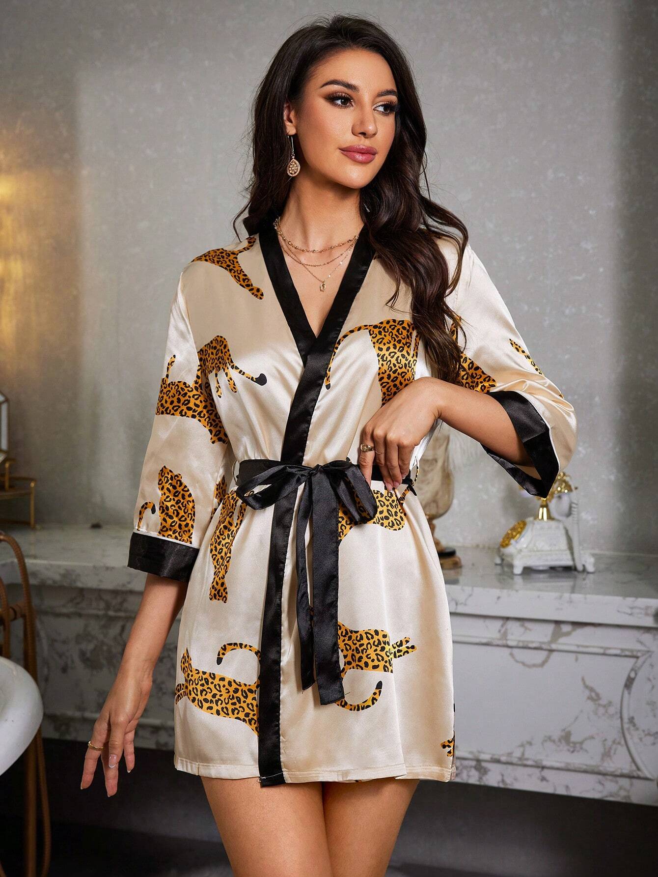 Satin Animal Print Dressing Gown Robe