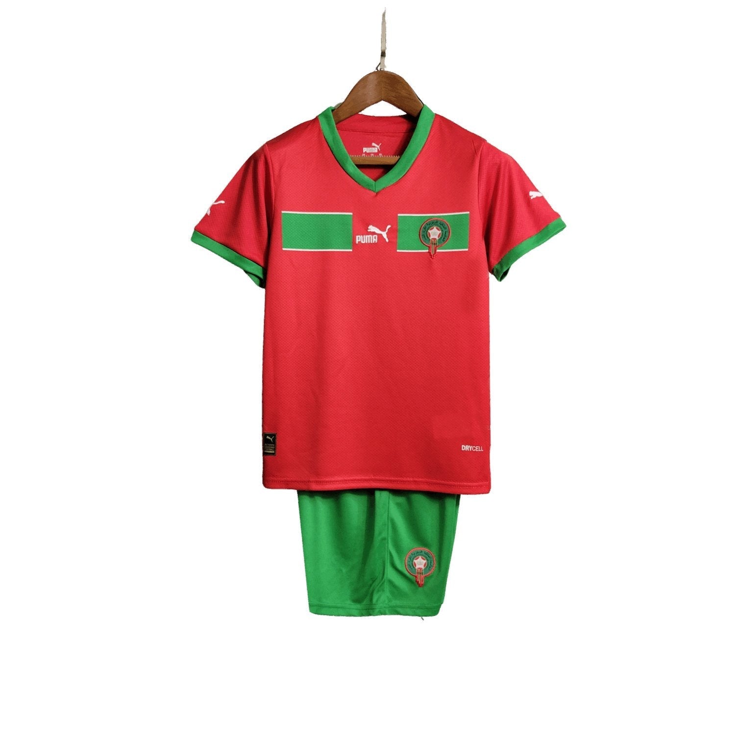 Front view of Morocco 23/24 home kids jersey and shorts