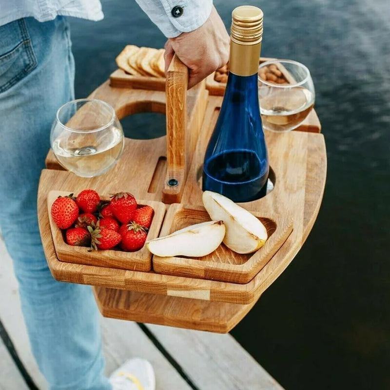 Wood Picnic Wine Table with Snack Trays
