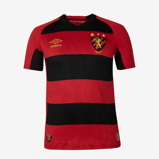 Sport Recife 2025 Home Jersey – Red and black hoops with gold accents, commemorative crest, and Umbro branding