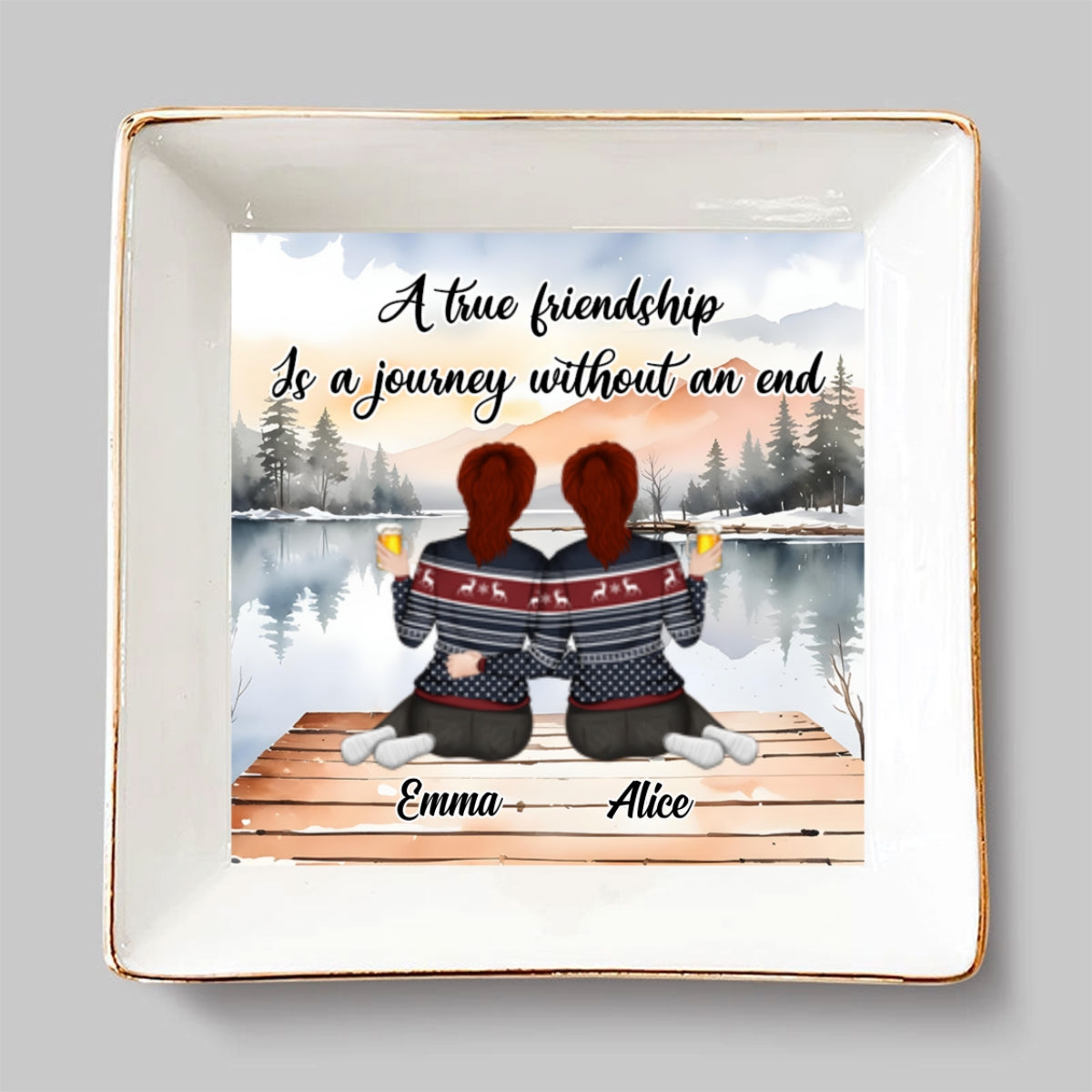 A True Friendship Is A Journey Without An End - Personalized Custom Jewelry Dish