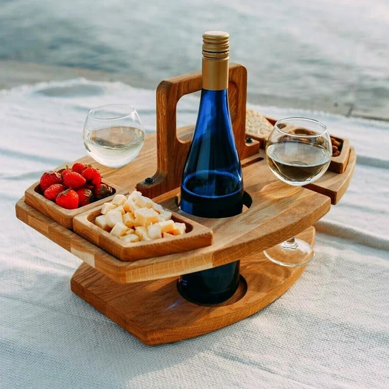Wood Picnic Wine Table with Snack Trays