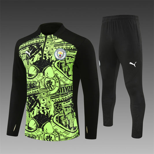 Front view of Manchester City 2024/25 black and green tracksuit
