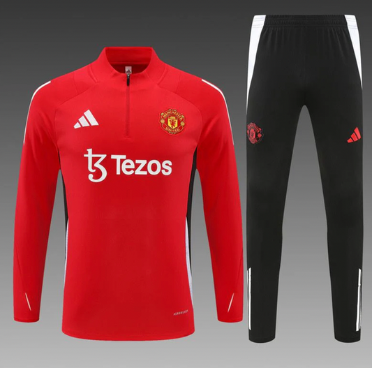 Full view of the Manchester United 24/25 Tracksuit in red, perfect for sports and casual wear.