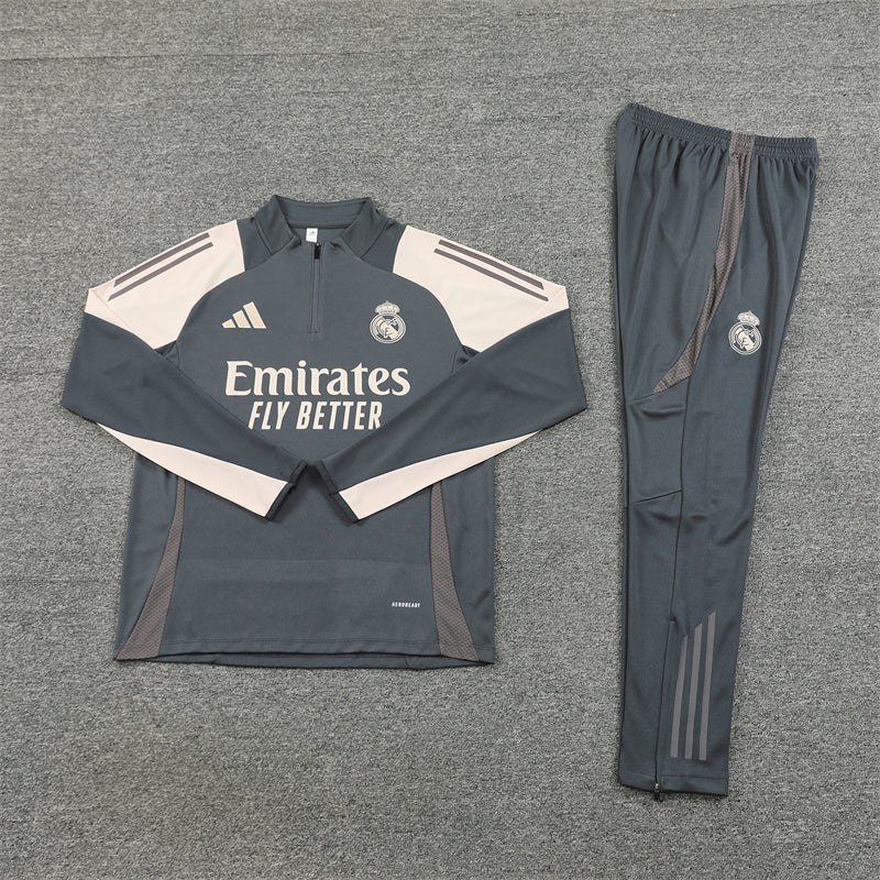 Full view of the Real Madrid 2025 grey tracksuit showcasing its modern design