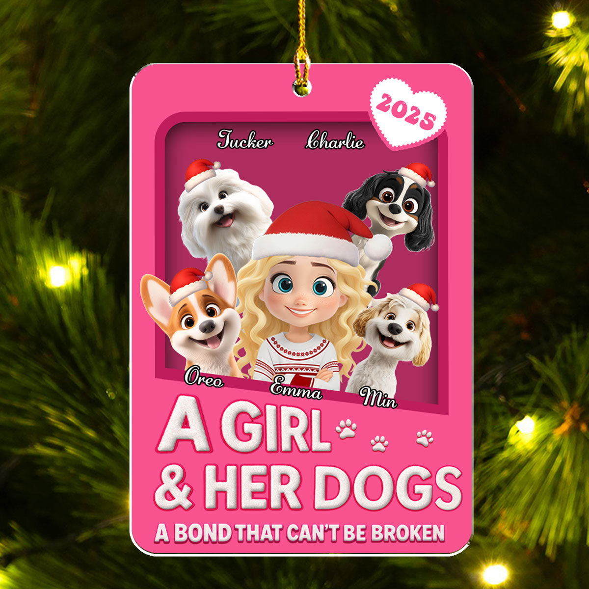 A Girl And Her Dogs Cartoonize Style - Personalized Custom Acrylic Ornament 