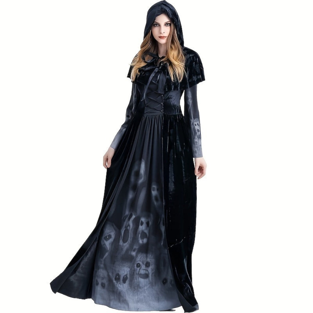 Gothic Witch Halloween Costume Skull Print Dress