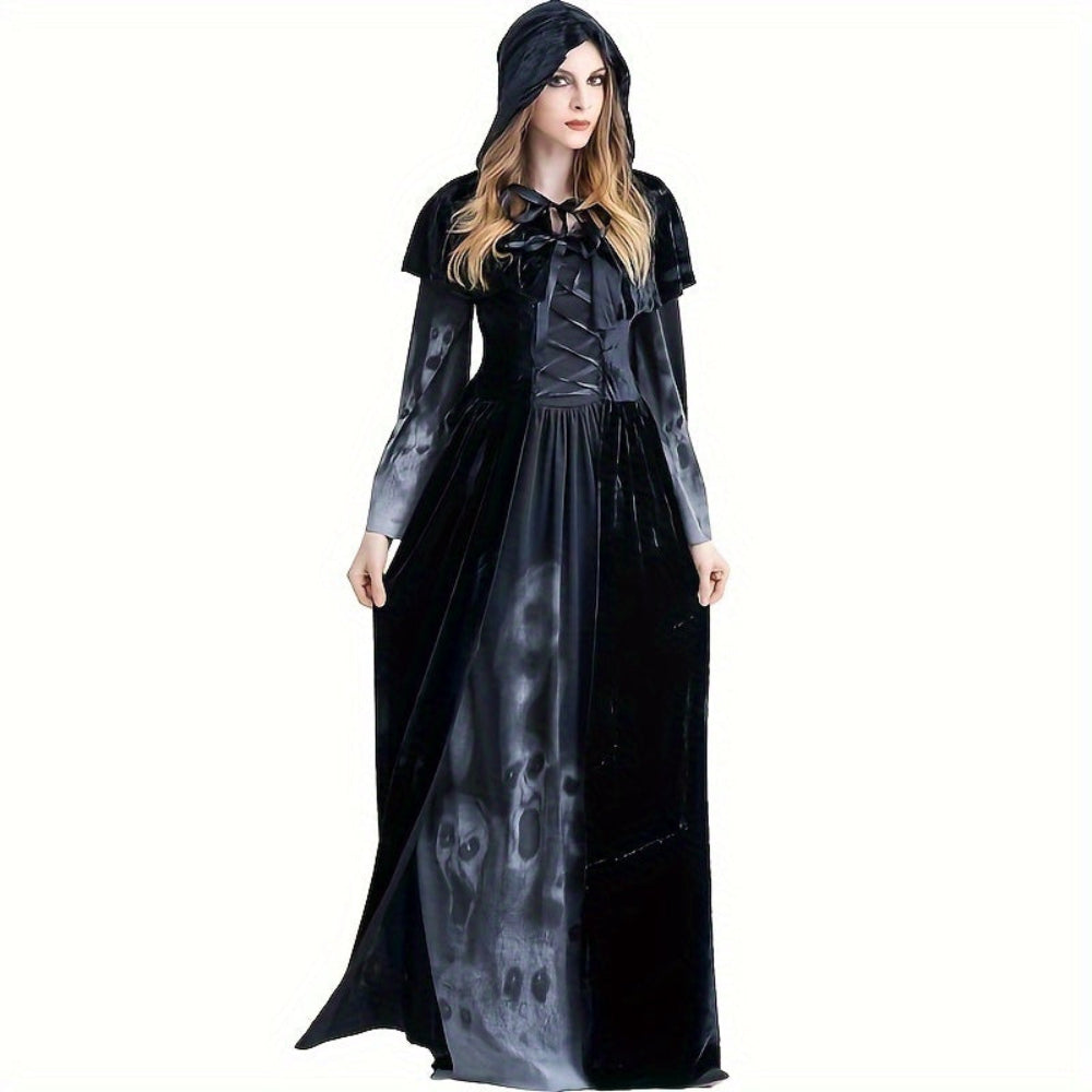 Gothic Witch Halloween Costume Skull Print Dress