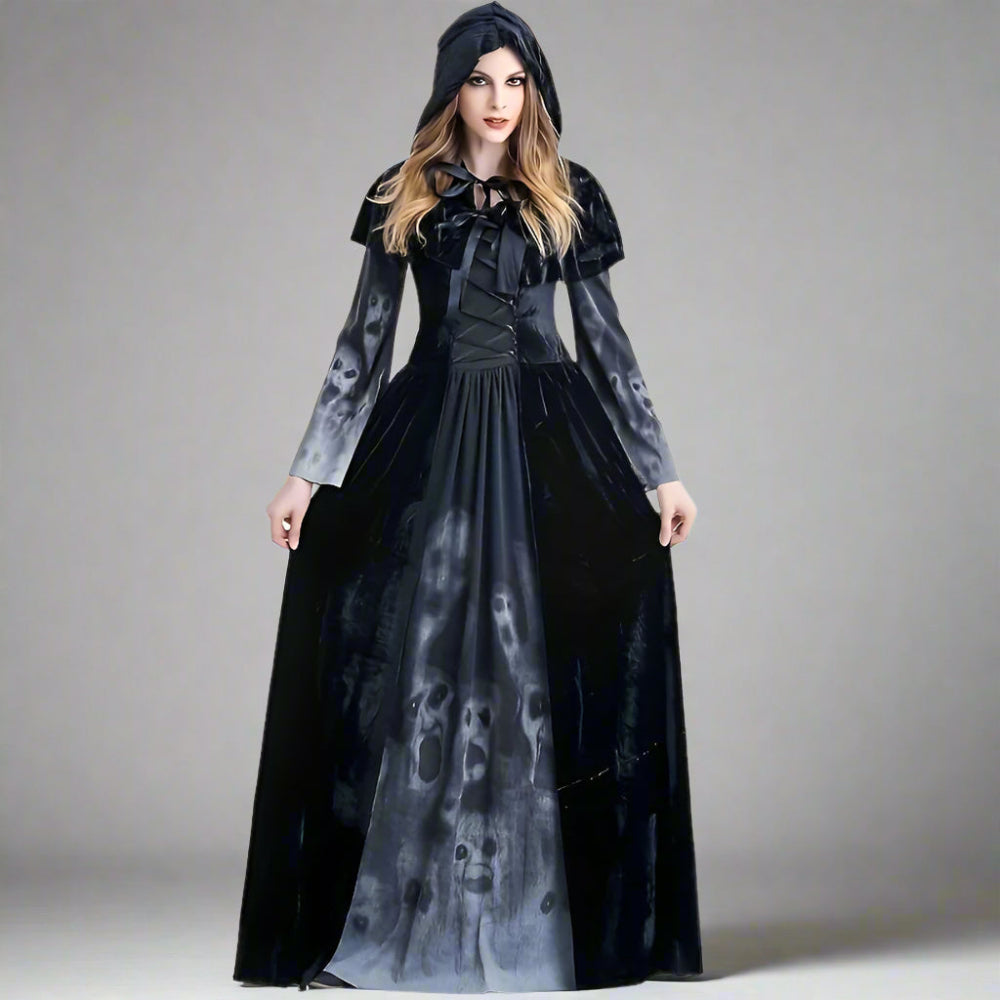 Gothic Witch Halloween Costume Skull Print Dress