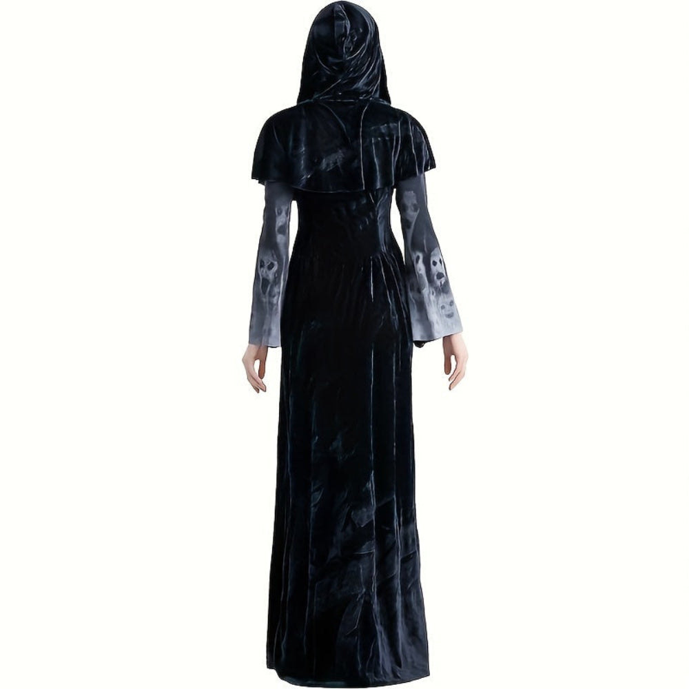 Gothic Witch Halloween Costume Skull Print Dress
