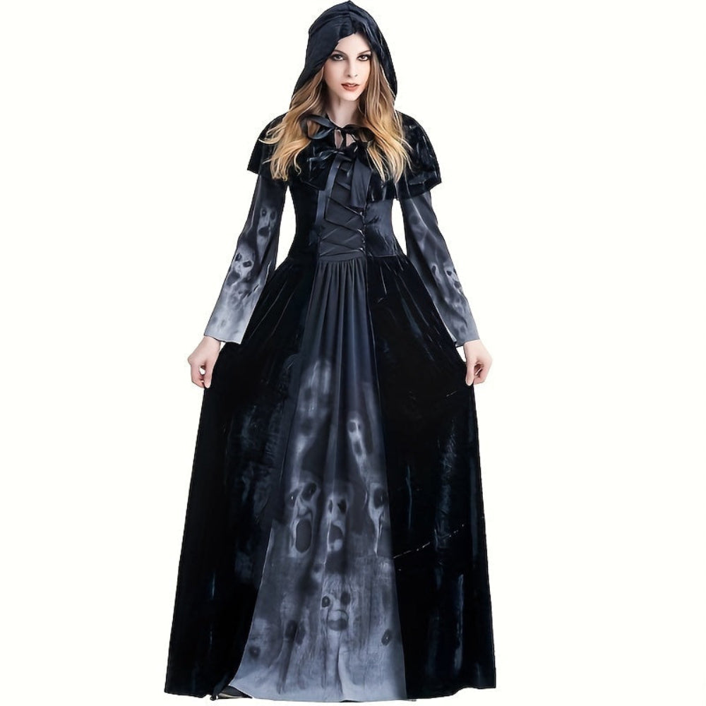 Gothic Witch Halloween Costume Skull Print Dress