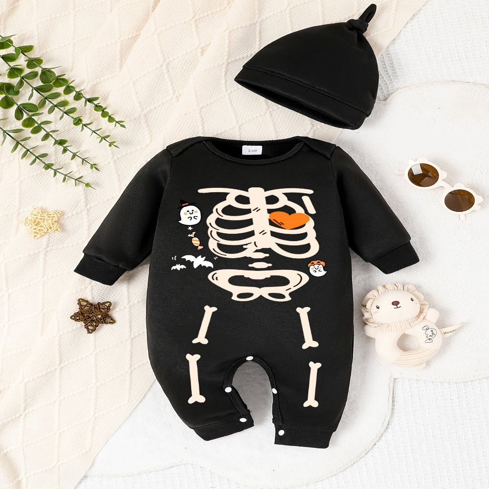 Halloween Toddler Skeleton Costume Romper Outfit Hat Set