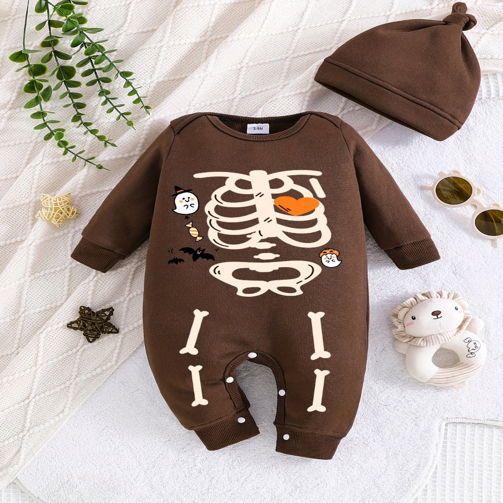 Halloween Toddler Skeleton Costume Romper Outfit Hat Set