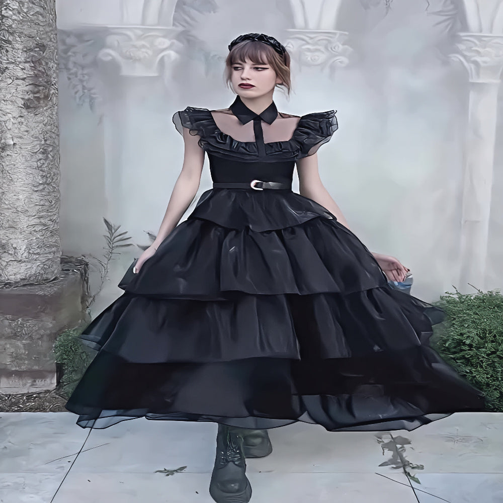 Halloween Costume Gothic Black Ruffle Mesh Dress