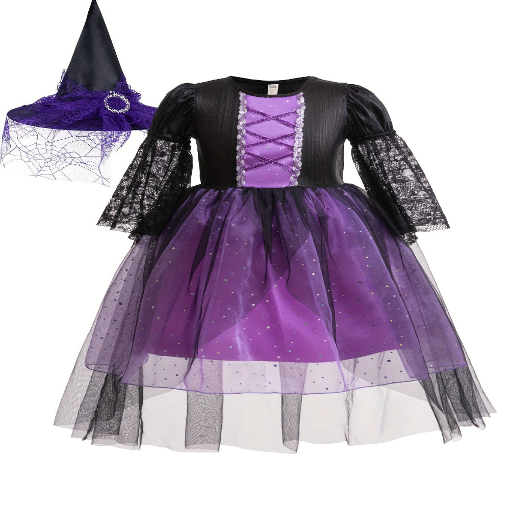 Halloween Witch Costume Kids Lace Polyester Party Dress Hat Set