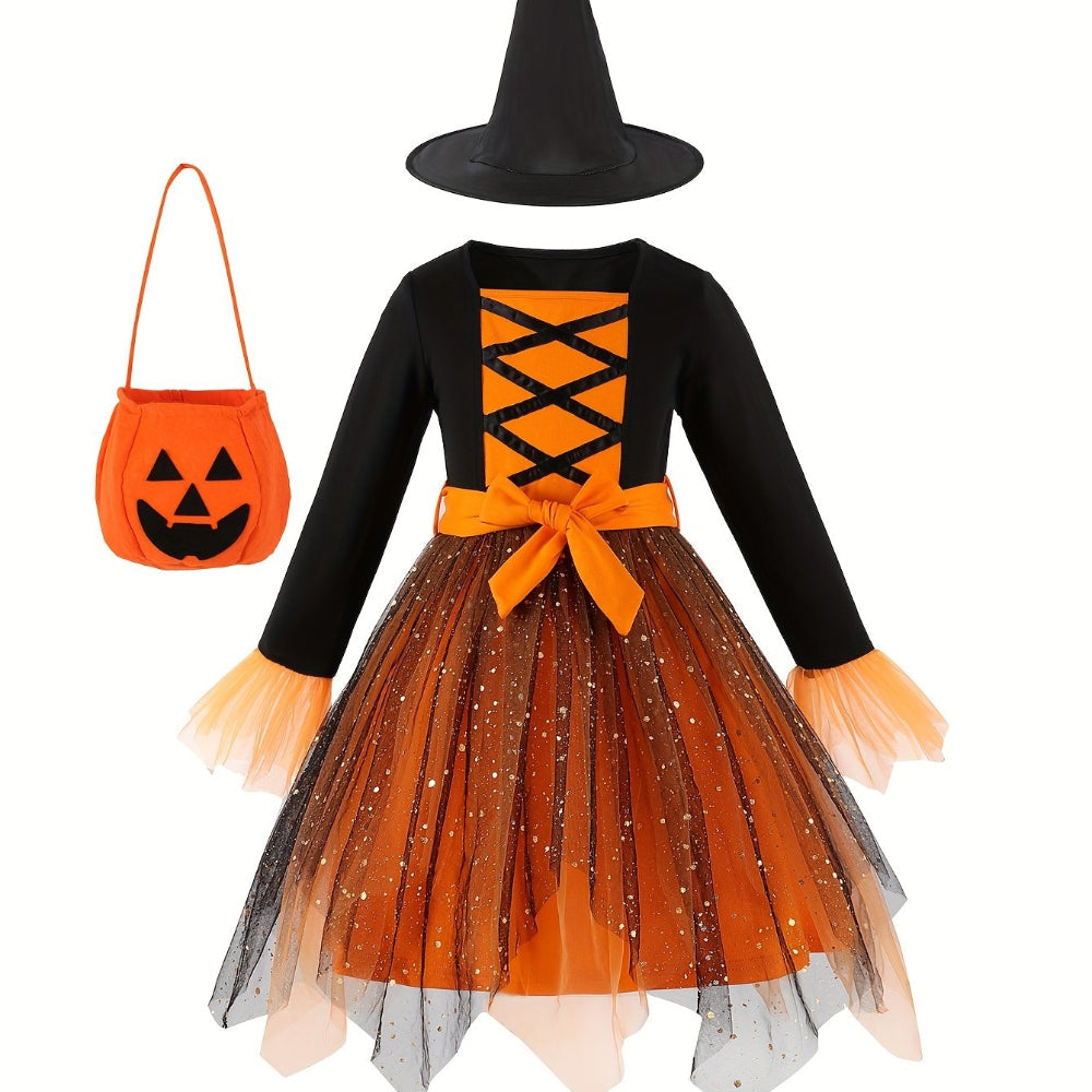 Halloween Witch Costume Kids Mesh Party Dress
