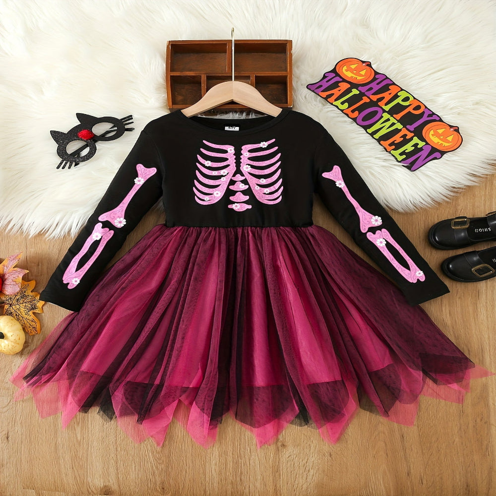 Halloween Witch Costume Kids Skeleton Tulle Dress