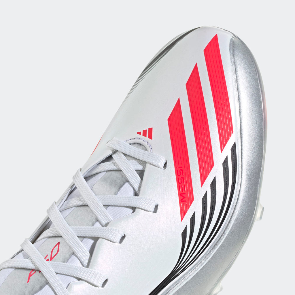 adidas F50 Messi League FG/MG Soccer Cleats (White/Lucid Red/Silver Metallic)