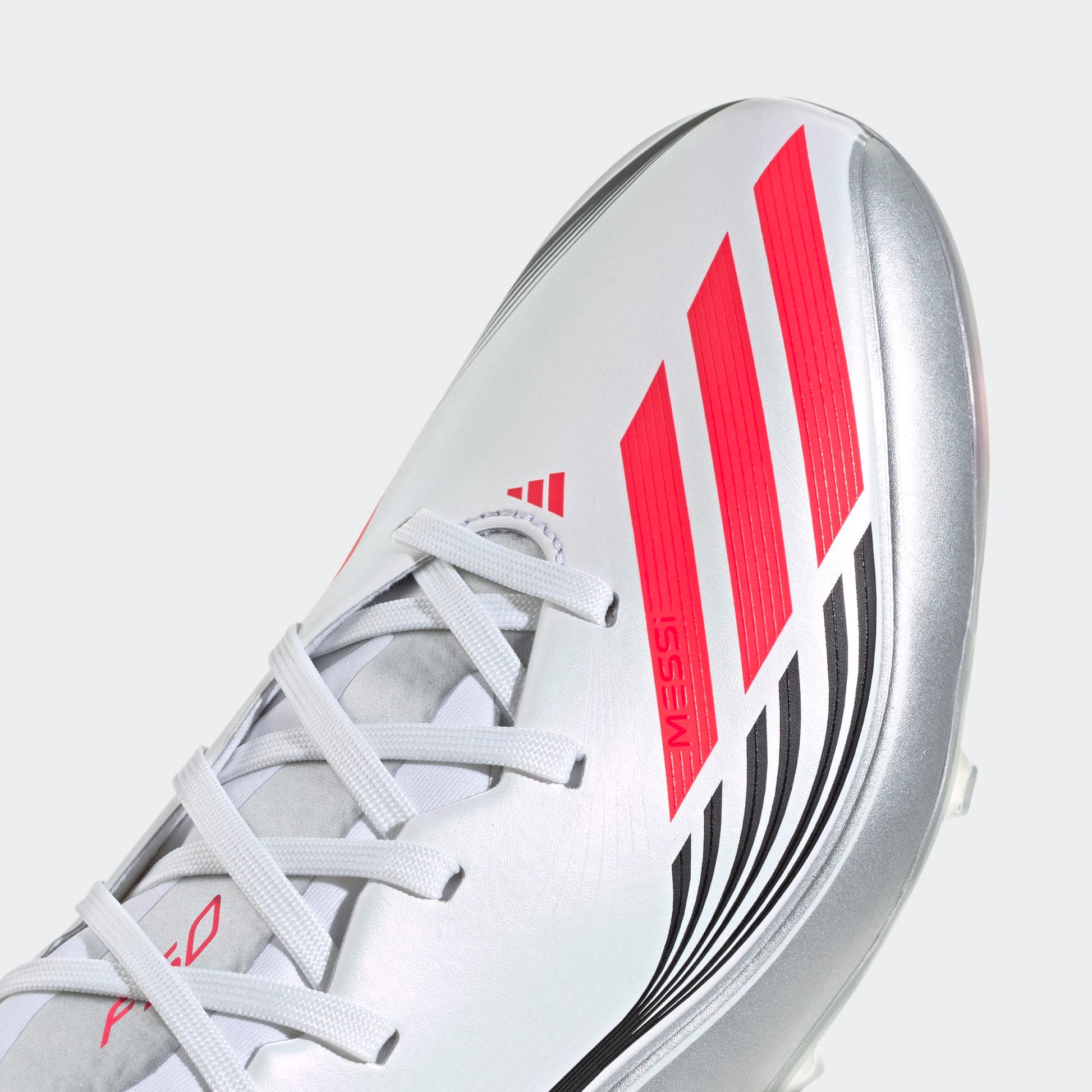 adidas F50 Messi League FG/MG Soccer Cleats (White/Lucid Red/Silver Metallic)