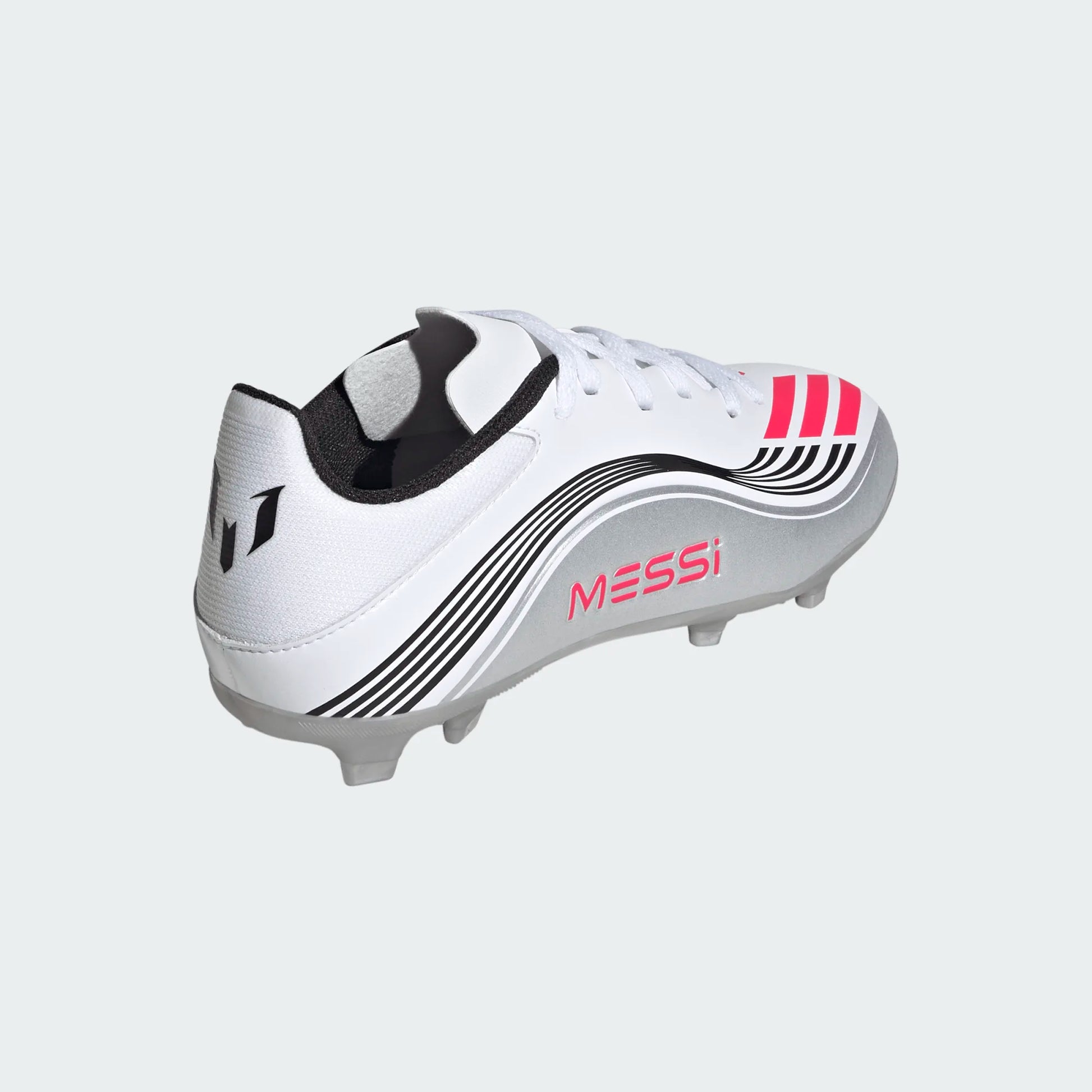 adidas Youth F50 Messi League FG/MG Junior Soccer Cleats (White/Lucid Red/Silver Metallic)