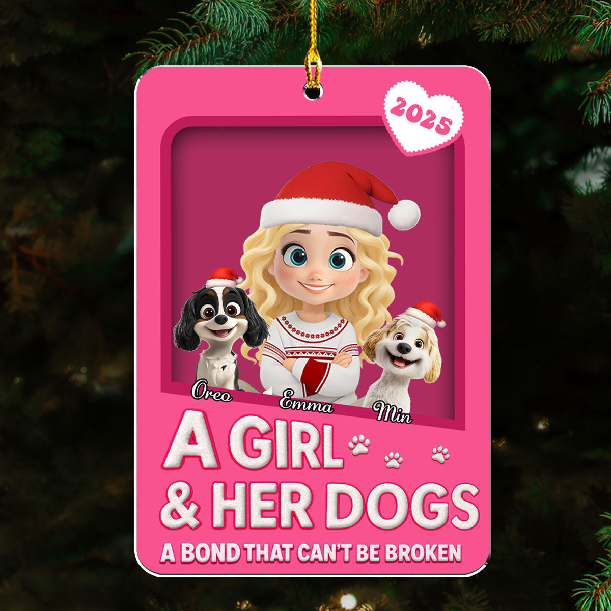 A Girl And Her Dogs Cartoonize Style - Personalized Custom Acrylic Ornament 