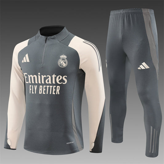 Real Madrid 2025 grey tracksuit front view with iconic logo