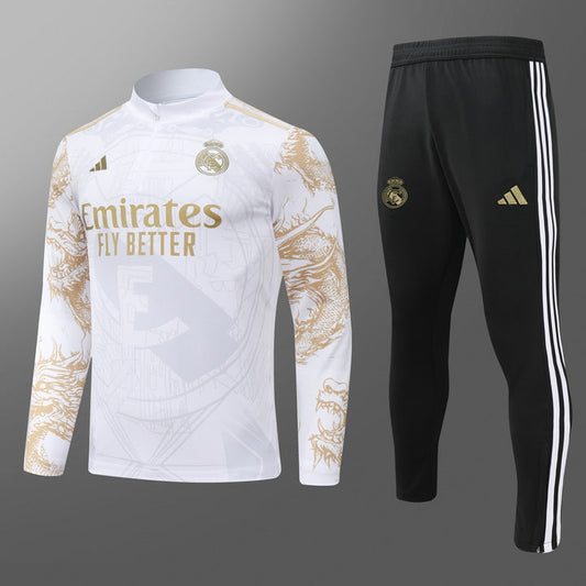 Real Madrid 2025 white and gold tracksuit full front view