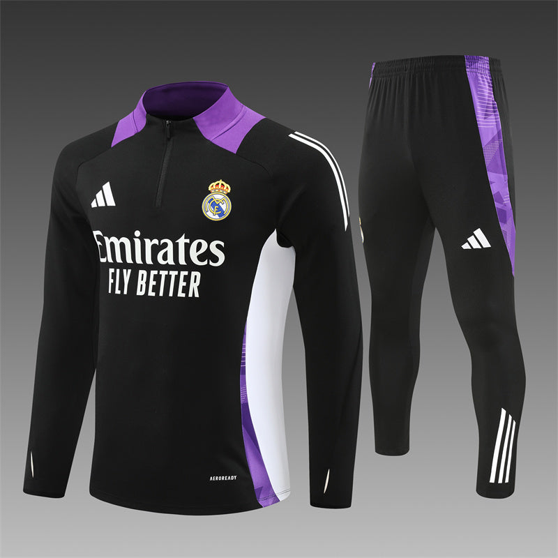 Real Madrid Black 2025 tracksuit front view with club logo