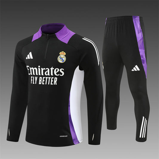 Real Madrid Black 2025 tracksuit front view with club logo