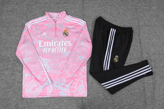 Real Madrid Pink Dragon Tracksuit front view with dragon design