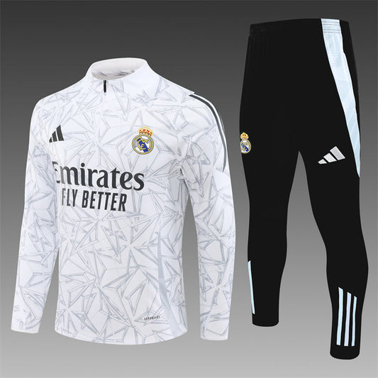 Real Madrid White 2025 tracksuit front view with club logo