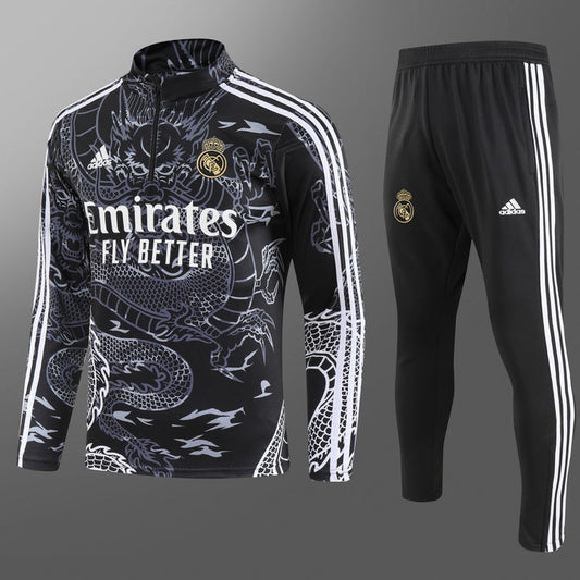 Real Madrid black tracksuit with dragon print – front view