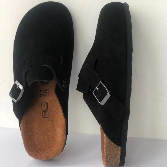 Suede Slip On Clogs with Cork Footbed