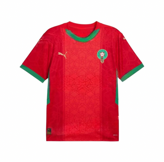 Morocco 2024/2025 Home Jersey – Red football shirt with green details, national team crest on the chest, and Puma logo