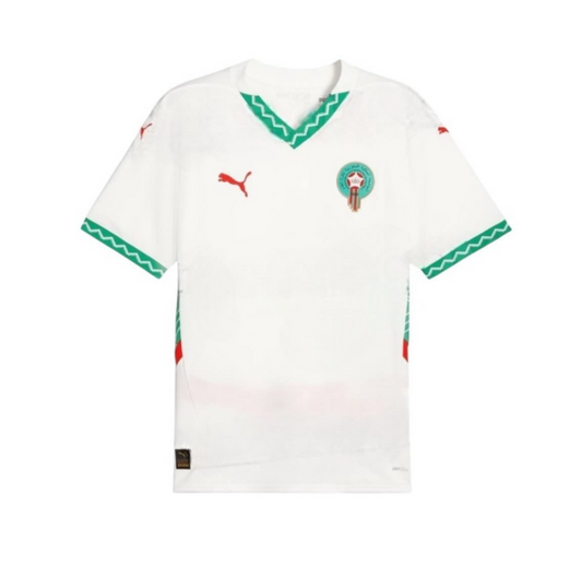 Morocco 2024/2025 Away Jersey – Sleek white football shirt with green and red accents, featuring the national team crest and Puma logo