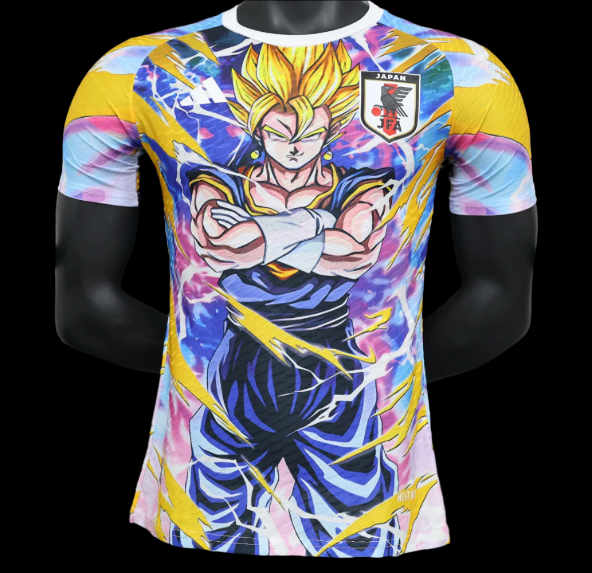 Close-up of the Japan Super Saiyan jersey featuring golden aura-inspired details