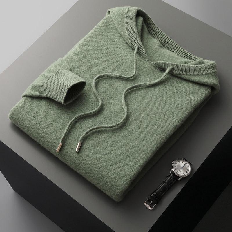 Wool Hoodie Merino Knit Pullover for Men